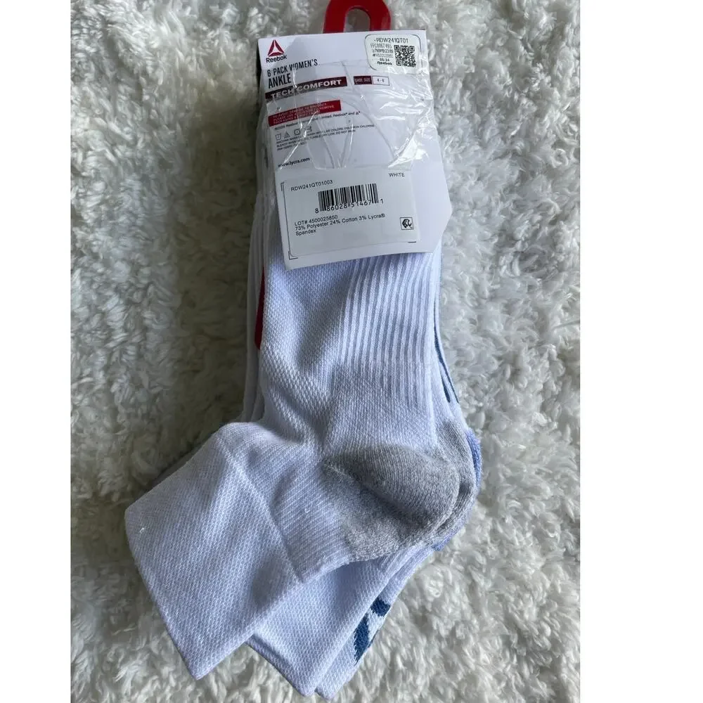 Reebok Target Cushion White Ankle Socks 6 Pairs Shoe Size 4-9 Comfort NEW Womens